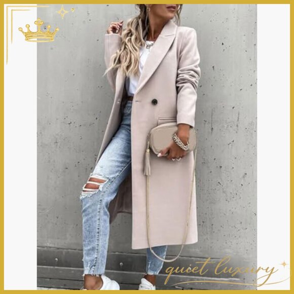 Long Wool Pea Coat Notch Lapel Classic Overcoat Fall Winter Jacket - Picture 3 of 4